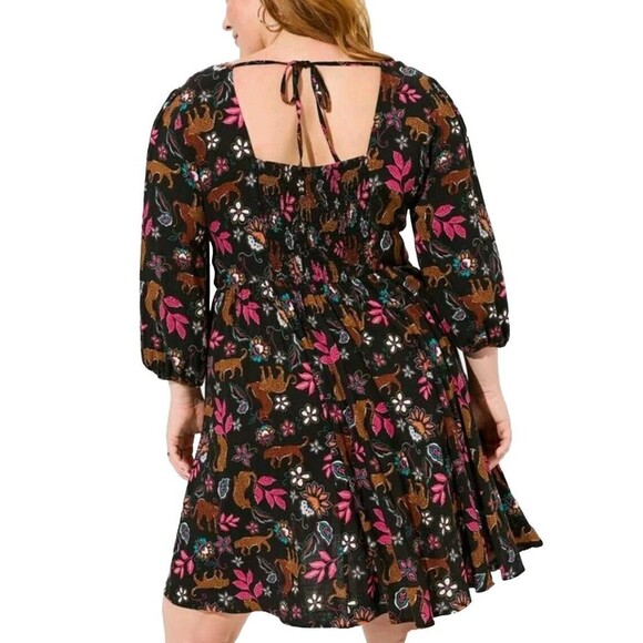 NWT Sz 1 Torrid Rayon Slub Balloon Sleeve Twist Font Black Leopard Leaves Dress - Picture 3 of 12